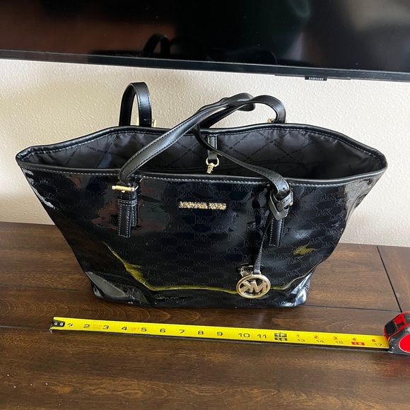 Michael Kors Black and Gold Patent MK 
Leather Tote Bag - Picture 5 of 8